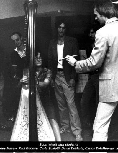 S. Wyatt demonstrating miking w students Nelson Mandrell, Charles Mason, Paul Kooonce, Carla Scaletti, David DeMaris, Mario Dela Huerga, Mike Kosch (1982)