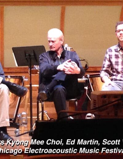 33a. U of I alum composers Kyong Mee Choi, Ed Martin, Scott Wyatt (Invited guest composer), Brad Decker, and Tim Johnson at the 2015 Chicago Electroacoustic Music Festival (Roosevelt University)