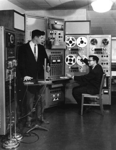 Composers Ben Johnston and Lejaren Hiller in EMS at the Univ. of Illinois (1963)