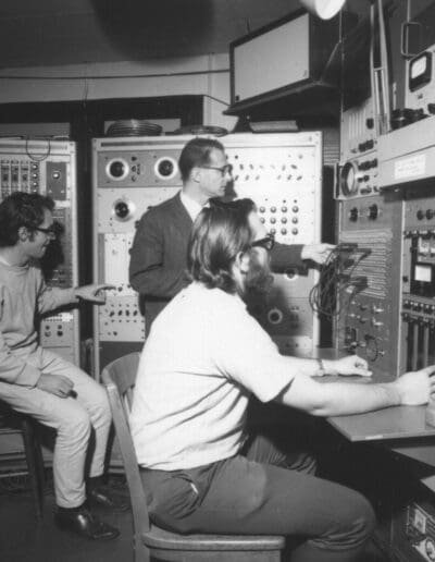Herbert Brun with students at the Univ. of Illinois EMS Stiven House (1965)